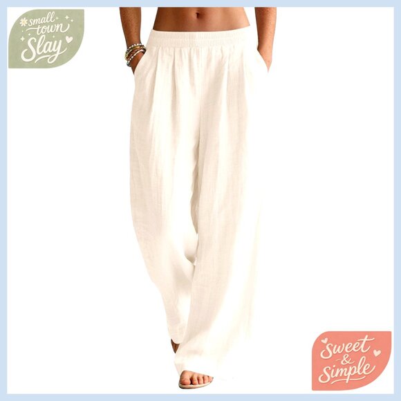 Linen Wide Leg Palazzo Pants Elastic Waist Beach Vacation Trousers with Pockets